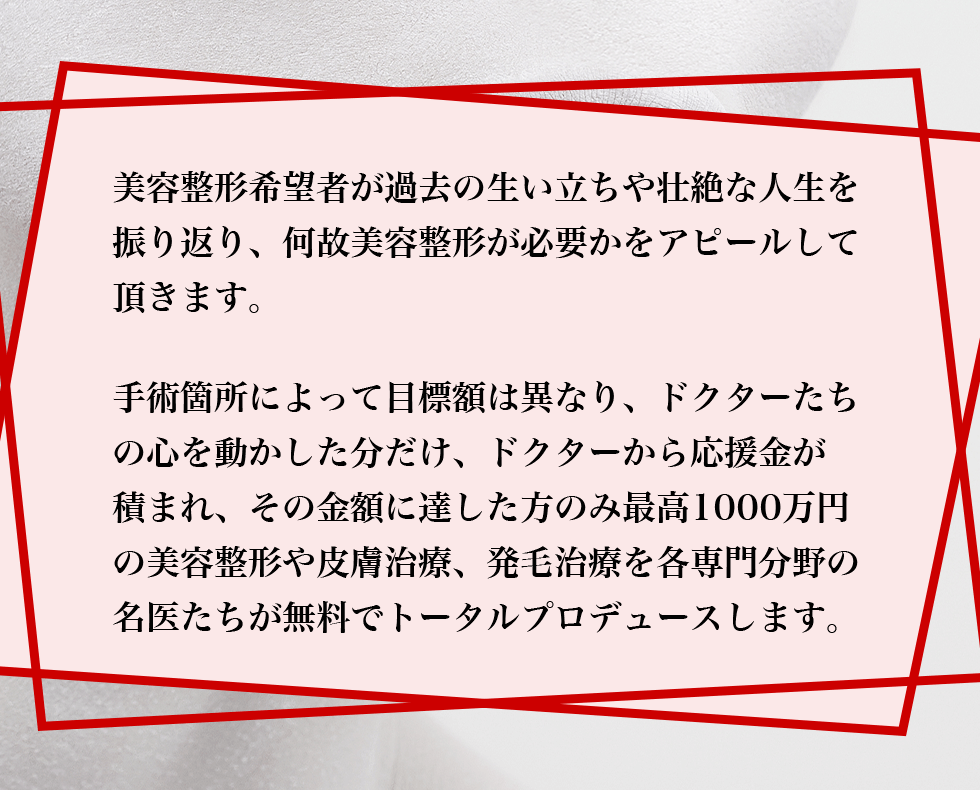 美容整形希望者が過去の生い立ちや壮絶な人生を振り返り、何故美容整形が必要かをアピールして頂きます。手術箇所によって目標額は異なり、ドクターたちの心を動かした分だけ、ドクターから応援金が積まれ、その金額に達した方のみ最高1000万円の美容整形や皮膚治療、発毛治療を各専門分野の名医たちが無料でトータルプロデュースします。