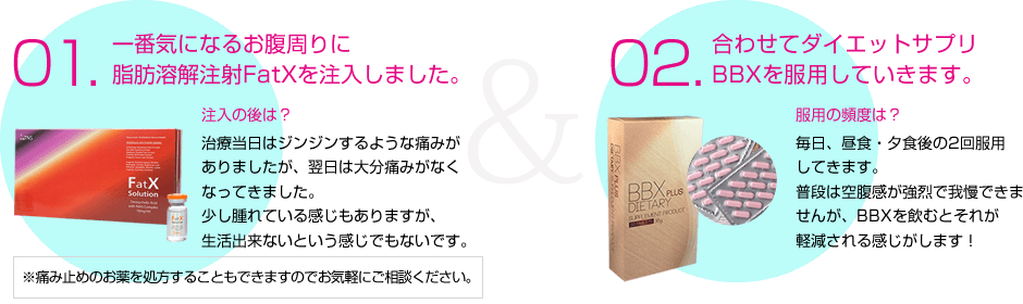 01一番気になるお腹周りに脂肪溶解注射FatXを注入しました。02合わせてダイエットサプリBBXを服用していきます。