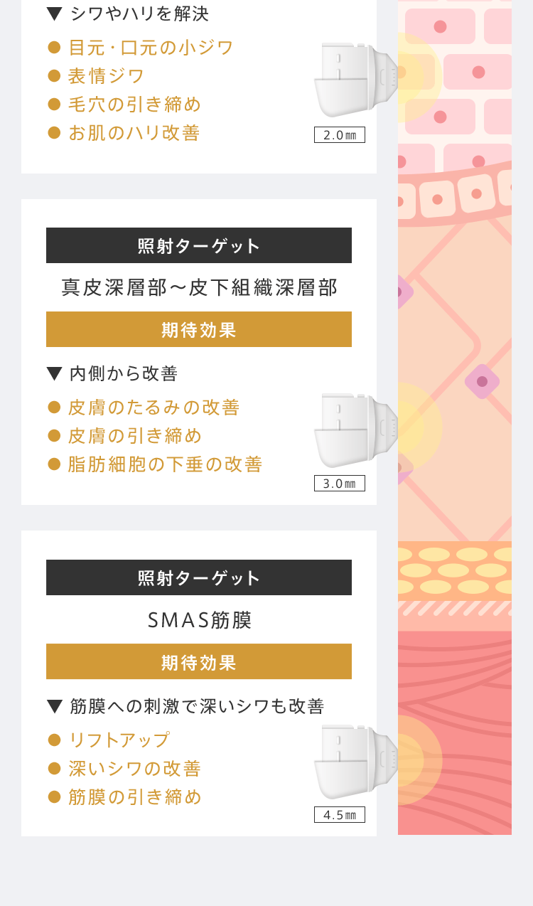 【照射ターゲット：真皮上層部～下層部】期待効果：▼ シワやハリを解決● 目元・口元の小ジワ● 表情ジワ● 毛穴の引き締め● お肌のハリ改善【照射ターゲット：真皮深層部～皮下組織深層部】期待効果：▼ 内側から改善● 皮膚のたるみの改善● 皮膚の引き締め● 脂肪細胞の下垂の改善【照射ターゲット：SMAS筋膜】期待効果：▼ 筋膜への刺激で深いシワも改善● リフトアップ● 深いシワの改善● 筋膜の引き締め