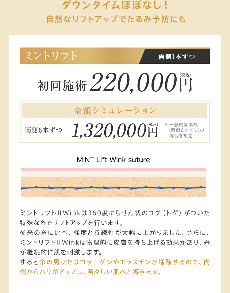 ダウンタイムほぼなし！自然なリフトアップでたるみ予防にも【ミントリフト（両側1本ずつ）】初回施術220,000円（税込）金額シミュレーション（両側6本ずつ）1,320,000円（税込）※一般的な本数(両側6本ずつ)の場合を想定 ミントリフトⅡWinkは360度にらせん状のコグ（トゲ）がついた特殊な糸でリフトアップを行います。従来の糸に比べ、強度と持続性が大幅に上がりました。さらに、ミントリフトⅡWinkは物理的に皮膚を持ち上げる効果があり、糸が継続的に肌を刺激します。すると糸の周りではコラーゲンやエラスチンが増殖するので、内側からハリがアップし、若々しい肌へと導きます。
